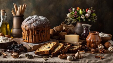 Still life of panettone bread with ingredients like flour, raisins, and nuts on a rustic table - Powered by Adobe
