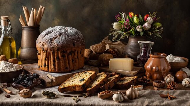 Still life of panettone bread with ingredients like flour, raisins, and nuts on a rustic table
