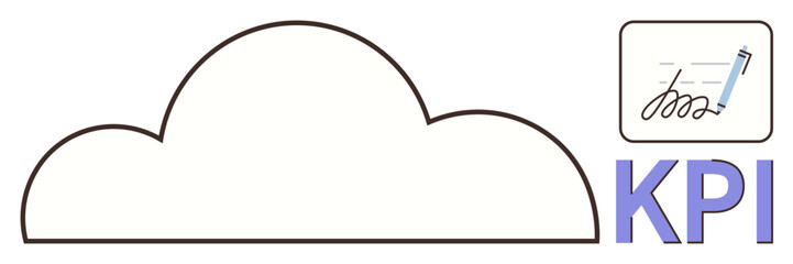 Cloud outline with KPI text and signature icon. Ideal for data analysis, reporting, productivity tracking, business goals, cloud computing, workflow management, simple flat metaphor