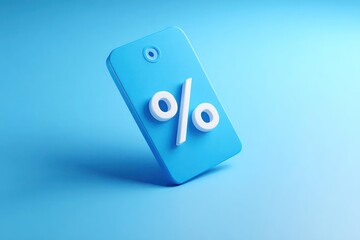 Abstract 3d rendering of a blue tag with a white percentage symbol on a pastel blue background