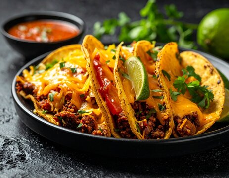 Artistic wide shot of a bustling taqueria scene, foreground features a beautifully plated Tacos al Pastor, background subtly blurred with warm ambient lighting, rich color grading, cinematic compositi