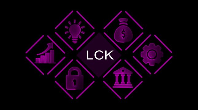 Abstract business concept icons glowing purple on black background with L C K text central finance growth security innovation and industry symbols