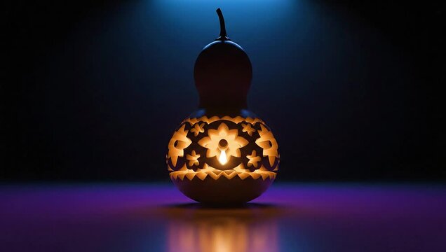 Close-up of a carved Halloween pumpkin with star patterns glowing brightly on a dark background with cinematic lighting.