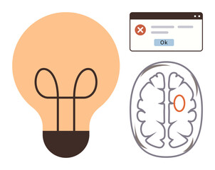 Brain with highlighted area, light bulb symbolizing idea, and error message pop-up. Ideal for creativity, innovation, troubleshooting, problem-solving, technology, mental focus human cognition