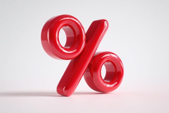 Glossy red percentage sign symbol floating against a clean white background with subtle shadows for a modern design