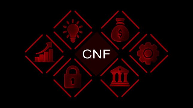 C N F business finance concept icons glowing red on black background with growth graph money bag lightbulb lock and bank symbols
