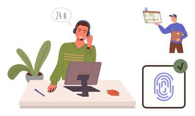 Man at desk with headset and computer for 247 support, delivery tracking on map with courier, biometric fingerprint authentication. Ideal for customer service, delivery, logistics, security, tech