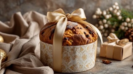 Decorated panettone with golden ribbon and gift box on a table with christmas decorations around it - Powered by Adobe