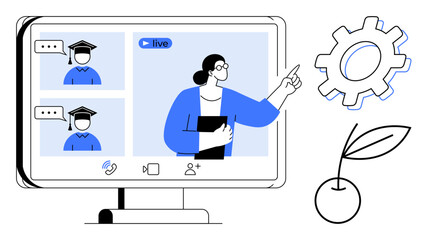 Teacher conducts live virtual class on a screen with student icons, chat prompts, and learning symbols. Ideal for online learning, work, training, collaboration, innovation, technology simple flat