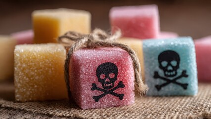 Fototapeta premium Colorful sugar cubes with skull and crossbones, representing toxic or dangerous sweets and treats.