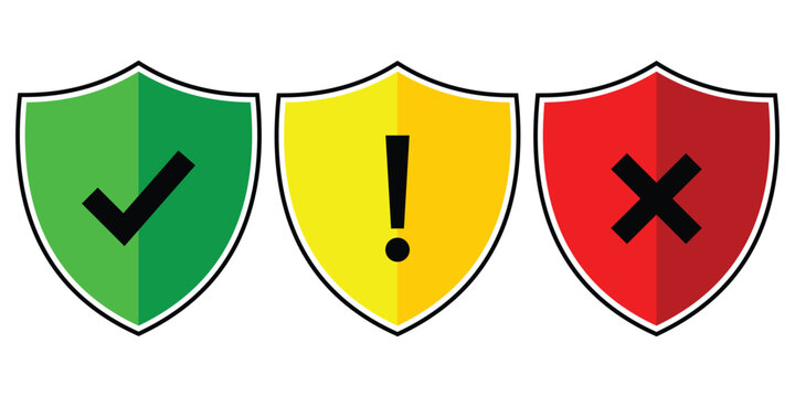 Safety, Caution, and Danger Shield Icon Set &ndash; Green Tick, Yellow Warning, Red Cross Vector for App, Web, and Security Alerts