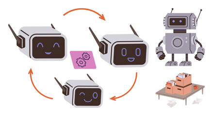 Friendly robots transfer data and rotate functions in a workflow. Gear icon symbolizes coordination. Ideal for automation, robotics, AI solutions, teamwork, workflow, logistics, simple flat metaphor
