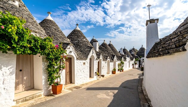 White cone-roofed houses line a sunny street
