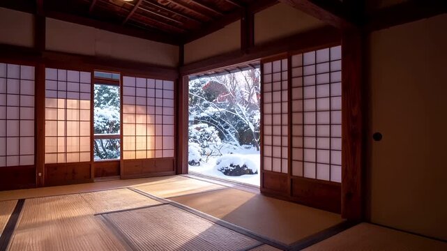 雪に覆われた日本庭園を望む伝統的な茶室。畳の床と障子から自然光が柔らかく差し込み、冬の静けさを感じさせる空間。