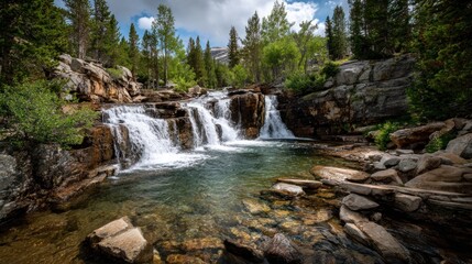 Fototapeta premium Scenic waterfall cascading into a clear mountain pool