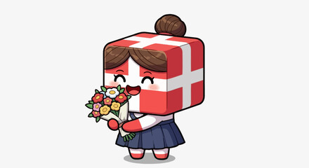 Cartoon Character with Danish Flag Head Holding Flowers.