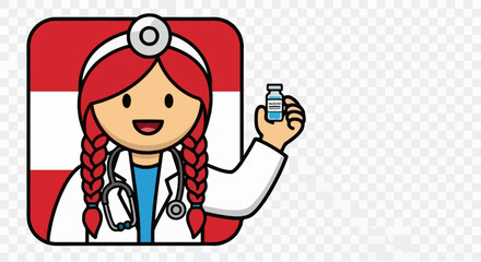 Cartoon Doctor Holding Vaccine Vial with Stethoscope and Head Mirror.