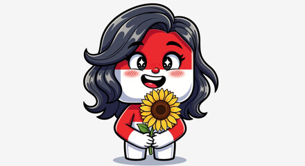 Cartoon Girl with Indonesian Flag Design Holding Sunflower.
