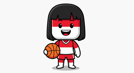 Cartoon Girl with Indonesian Flag Design Playing Basketball.