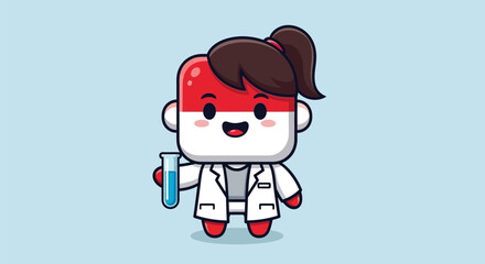 Cartoon Scientist with Indonesian Flag Head Holding Test Tube.