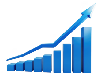 Blue 3d bar chart with upward trending arrow isolated on transparent background