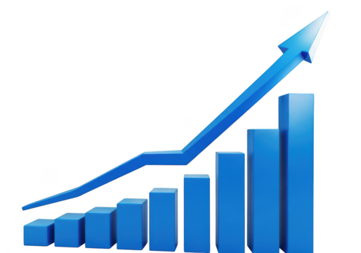 Blue 3d bar chart with upward trending arrow isolated on transparent background