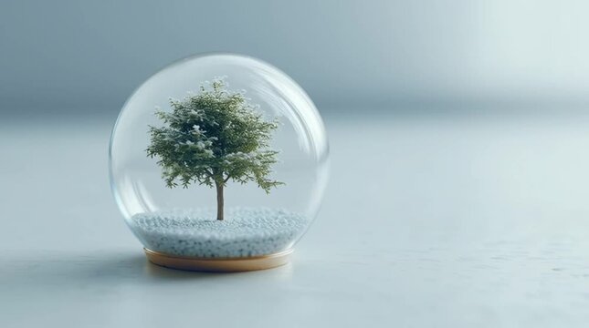 A serene snow globe featuring a miniature tree on a white surface against a soft blue background