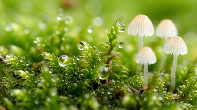 Closeup of a beetle on moss amidst water droplets with small mushrooms in the background