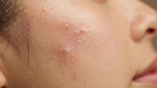 Close Up Side View of Skin Condition with Acne Pustules Bumps and Redness on Light Beige Skin Tone Against Cream Background in Bright Indoor Lighting