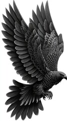 Obraz premium A detailed grayscale illustration of a bird of prey in mid-flight with fully extended wings