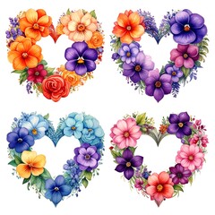 Floral Heart Wreaths - Watercolor Flower Arrangements for Valentines Day.
