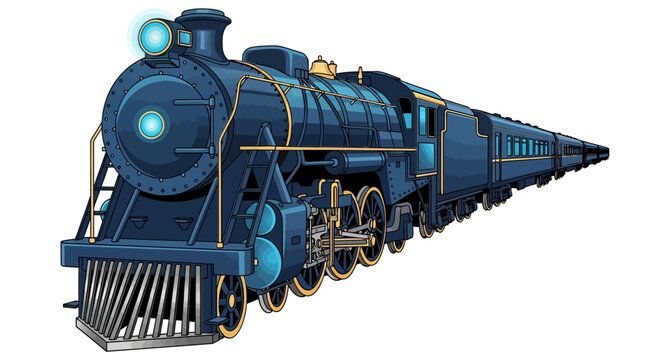 Detailed Illustration of a Classic Blue Steam Train.