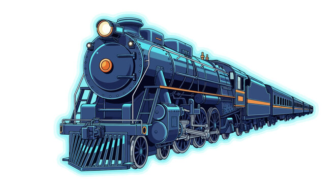 Detailed Illustration of a Classic Steam Train Engine and Passenger Cars.