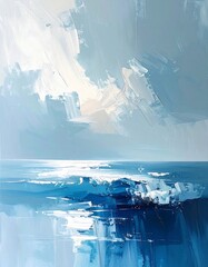 Abstract Seascape Painting with Blue Tones and White Highlights.