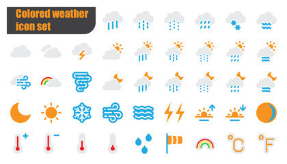 Fototapeta premium 42 vibrant weather icons in flat style—sun, rain, snow, wind, and more. Perfect for apps, UI, and educational visuals. Bright, readable, and scalable.