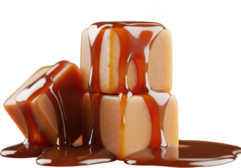 Deliciously drizzled caramel cubes stacked together isolated on transparent background