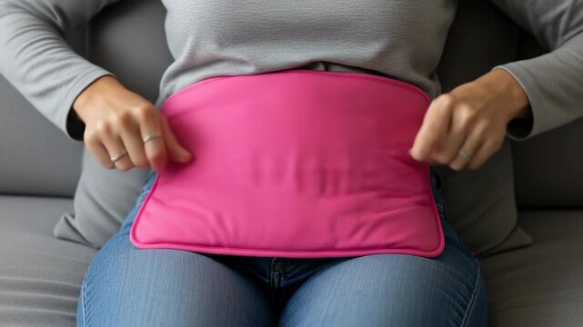 Woman using pink heating pad on stomach for pain relief