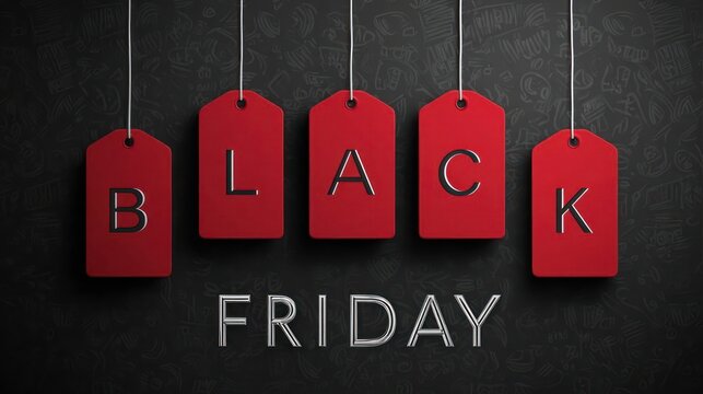 Five red sale tags hanging in a row spelling out black friday with the words black friday in silver letters below