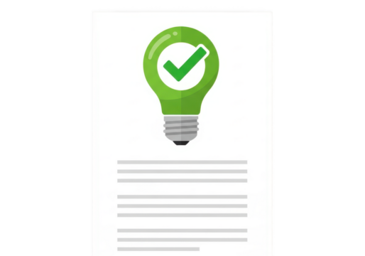 Green lightbulb with checkmark symbol representing a good idea isolated on transparent background