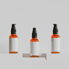 Amber Glass Serum Bottle with Pump Dispenser on White Background