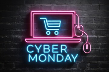 Bright neon sign displaying a shopping cart icon on a laptop screen and cyber monday text against a brick wall