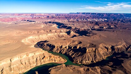 Aerial view of a winding river in a vast canyon