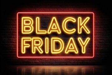 Obraz premium Bright glowing neon sign displaying black friday text in yellow and orange against a dark background with a red border