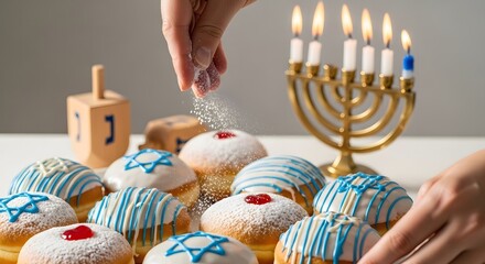 Hanukkah Delights Celebrating with Sufganiyot, Dreidels, and the Warmth of the Menorah's Glow