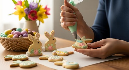 Decorating Easter bunny cookies with colorful icing, a festive Springtime treat