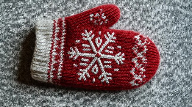 Close up of a red knitted mitten with white snowflake design on a textured gray background surface