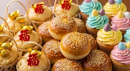 A delightful assortment of festive baked goods, including sweet cupcakes with colorful frosting and traditional buns adorned with sesame seeds and lucky charms