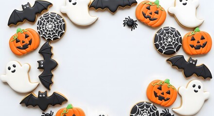 Halloween-themed cookies with pumpkins, ghosts, and bats arranged in a circular pattern on a white background