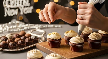 Decorating Delicious Cupcakes for a Special New Year's Celebration with Chocolate Truffles