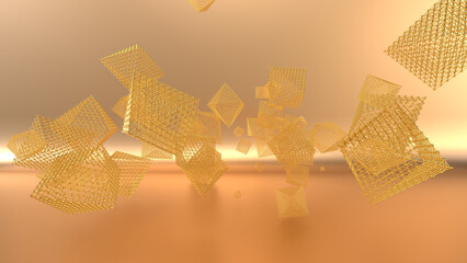  Abstract 3D rendering of geometric wireframe polyhedra floating in a warm golden-orange space. The intricate lattice structures resemble futuristic nanotechnology, molecular networks, or digital data